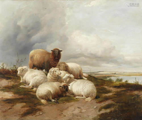 Thomas Sidney Cooper, RA(British, 1803-1902) Sheep on a riverbank