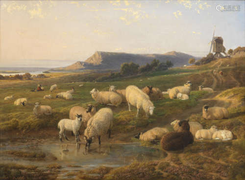 Attributed to Thomas George Cooper(British, 1836-1901) Sheep in a coastal meadow