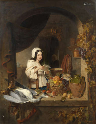 George Lance(British, 1802-1864) Interior with a girl, still life of fruit and a heron