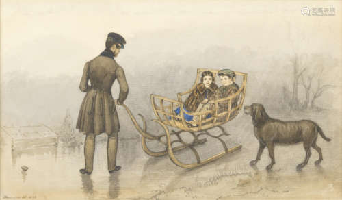 Mary Ellen Best(British, 1809-1891) 'Anthony, Frank and Caroline sledging on the ice, accompanied by the family dog, 30 December 1844'