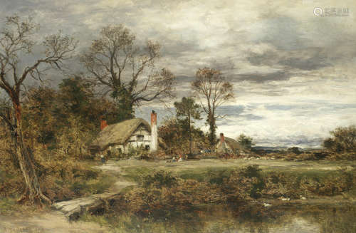 Benjamin Williams Leader, RA(British, 1831-1923) Landscape with cottages by a duck pond