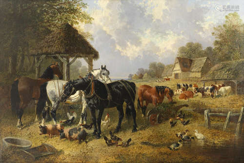 John Frederick Herring, Jnr.(British, 1815-1907) Farm animals gathered at the pond