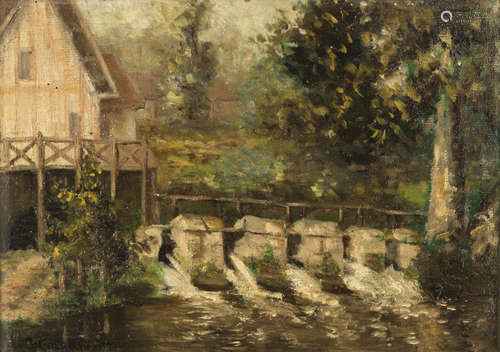 Louis Aston Knight(American, 1873-1948) River bank cottages