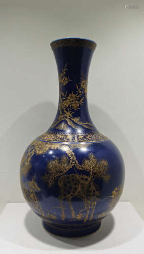Chinese Blue Glaze Gold Painted Porcelain Bottle