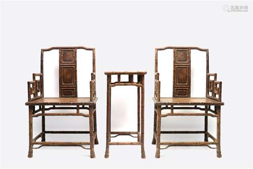 A Set of Two Chinese Carved Hardwood Chairs and A Table