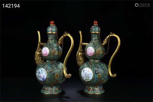 A Pair of Chinese Cloisonne Double Gourd Wine Pots