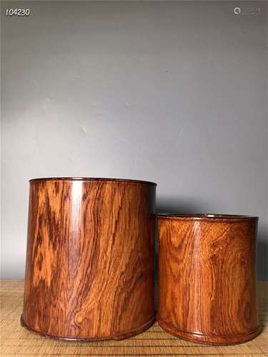 A Pair of Chinese Carved Hardwood Brush Pots