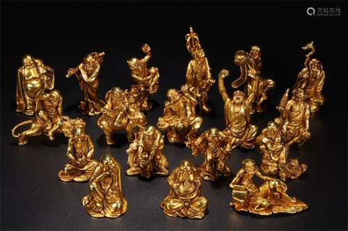 A Set of Eighteen Chinese Gilt Bronze Luohan Statues