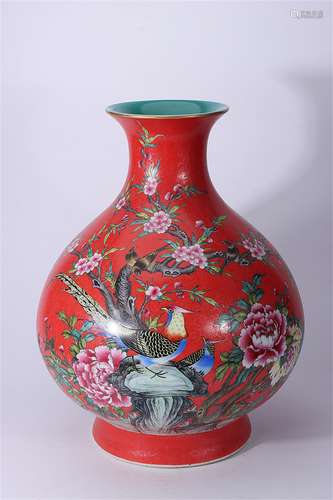 A Chinese Red Ground Famille-Rose Porcelain Vase