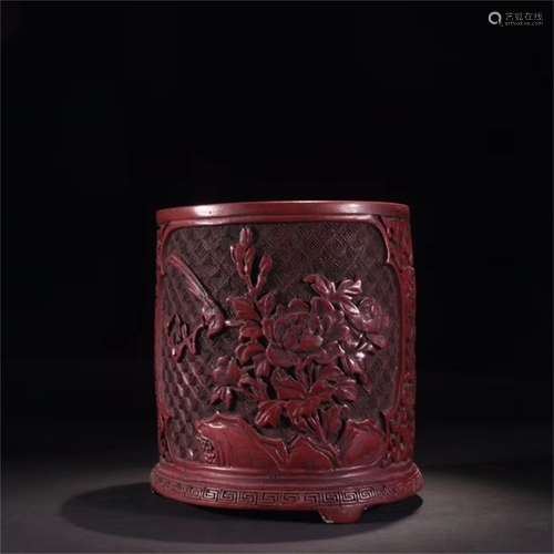 A Chinese Carved Tixi Lacquer Brush Pot