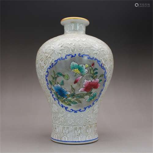 A Chinese White Glazed Famille-Rose Porcelain Carved Vase