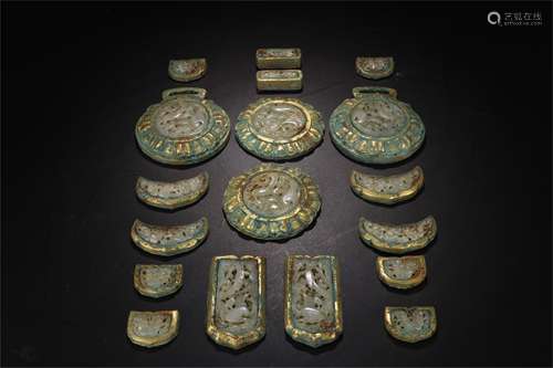 A Set of Chinese Gilt Bronze Band Plates with Jade Inlaid