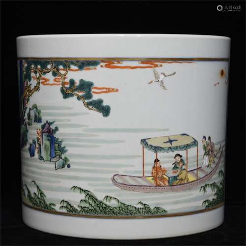 A Chinese Wu-Cai Glazed Blue and White Porcelain Brush Pot