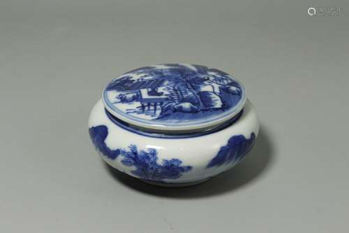 A Chinese Blue and White Porcelain Ink-Pad Box with Cover