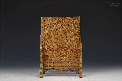 A Chinese Gilt Silver Table Screen with Gemstone Inlaid