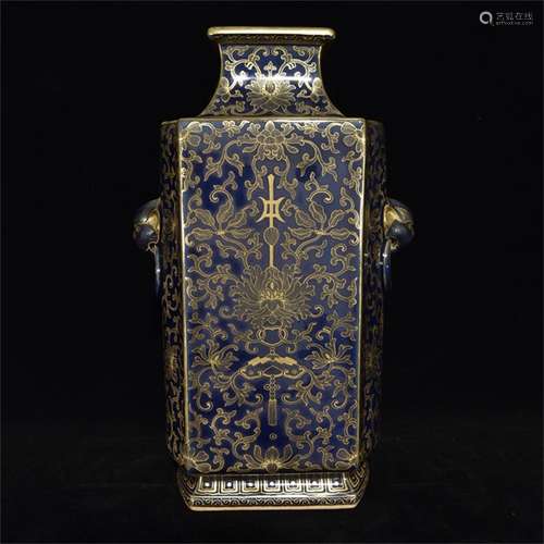 A Chinese Blue Glazed Porcelain Square Vase