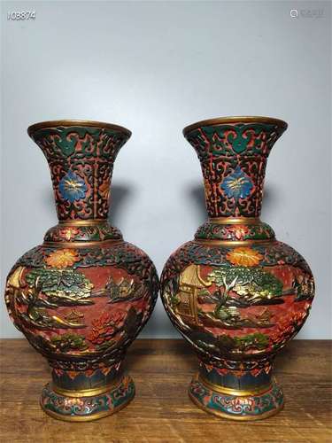 A Pair of Chinese Carved Tixi Lacquer Vases