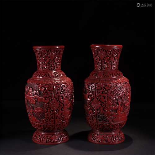 A Pair of Chinese Carved Tixi Lacquer Vases