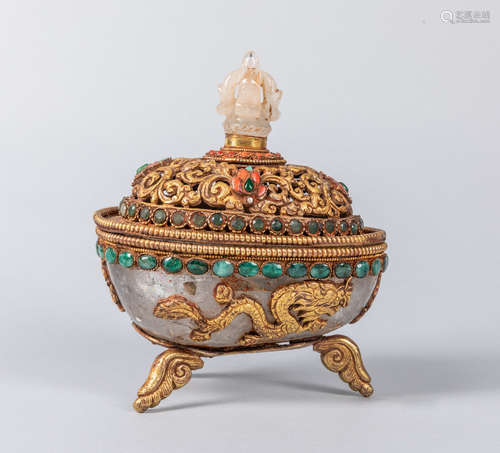 Tibetan Rock Crystal & Gilt Bronze Kapala Bowl