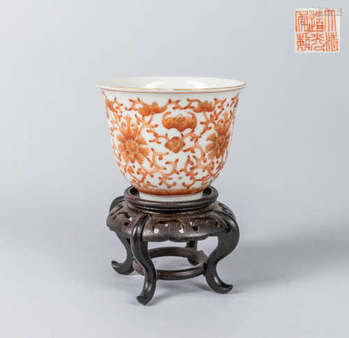 Chinese Coral Red Porcelain Tea Cup with Stand