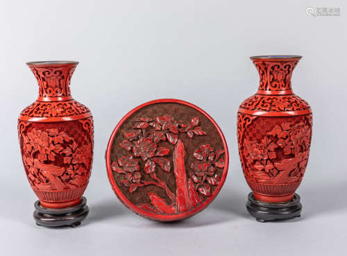 Group of Chinese Cinnabar Box & Vase