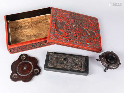 Chinese Old Lacquer Box & Wood Stand