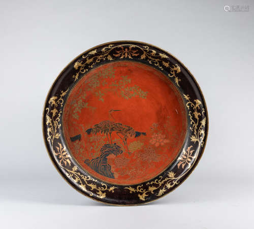 Large Chinese Gilt Painted Lacquer-Wood Plate