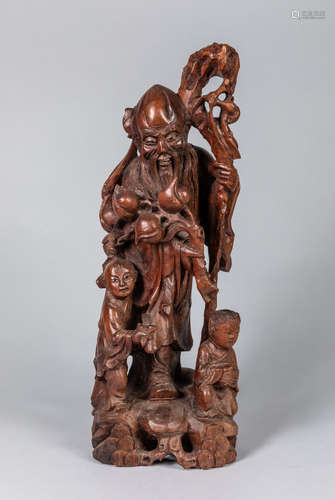 Tall Chinese Vintage Carved Wood Figure of Shoulao