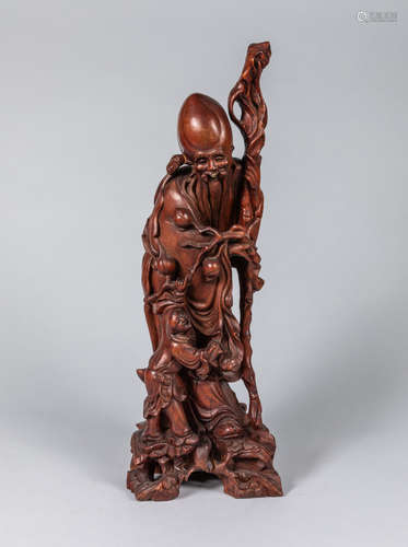 Tall Chinese Vintage Carved Wood Figure of Shoulao