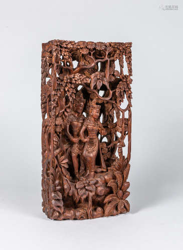 South Asian Carved Wood Figure, Signed