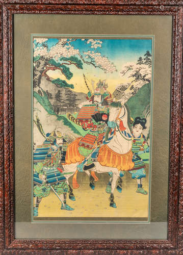 Large Japanese Old Woodblock Print With Wood Frame