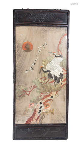 19th Chinese Antique Silk Painting Cranes