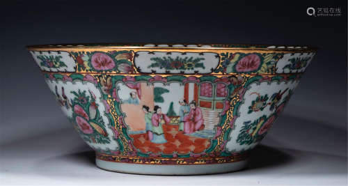 CHINESE PORCELAIN GOLE PAINTED FLOWER & FIGURE BOWL