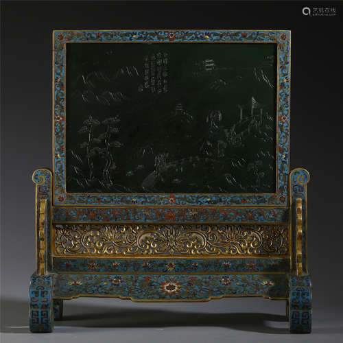 A CHINESE CLOISONNE INLAID SPINACH JADE CARVED TABLE SCREEN