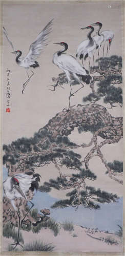 CHINESE HANGING SCROLL OF CRANES ON THE PINE TREE