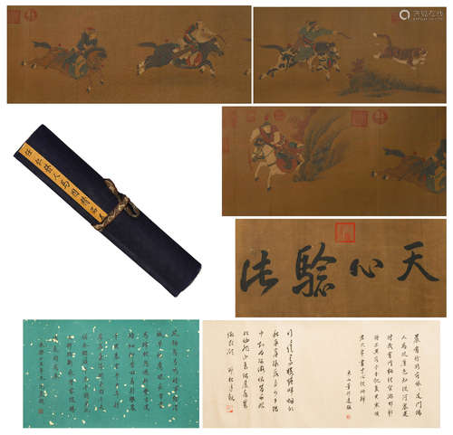 A CHINESE HANDSCROLL PAINTING OF WARRIORS ON HORSE