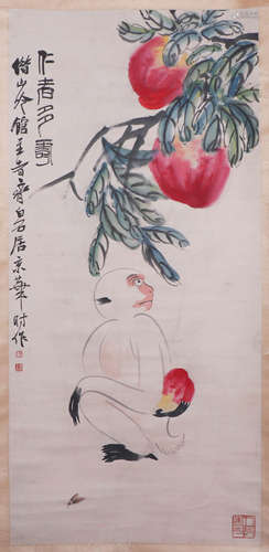 CHINESE HANGING SCROLL OF MONKEY AND PEACH