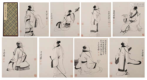 SIXTEEN PAGES CHINESE PAINTING ALBUM OF FIGURE BY ZHANG DAQIAN