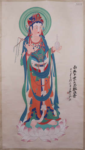 CHINESE HANGING SCROLL OF BUDDHISM FIGURES BY ZHANG DAIQIAN