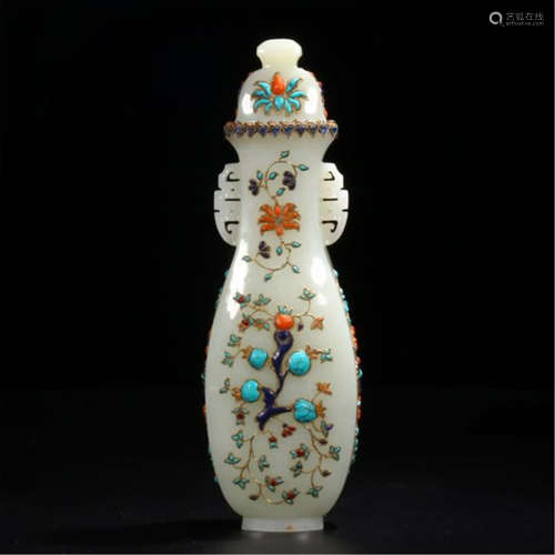 CHINESE HETAIN JADE CARVED GEM STONE INLAID VASE