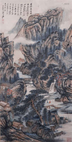 CHINESE HANGING SCROLL OF LANDSCAPE & CALLIGRAPHY
