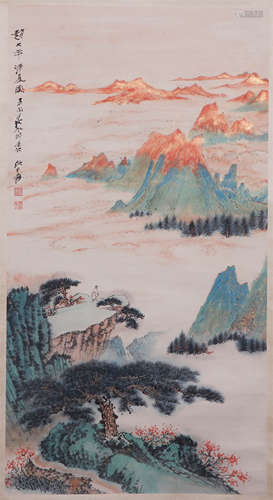 CHINESE HANGING SCROLL OF LANDSCAPE AND FIGURD BY ZHANG DAQIAN