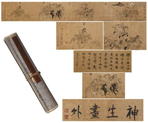 A CHINESE HANDSCROLL PAINTING OF WARRIORS ON HORSE & CALLIGRAPHY