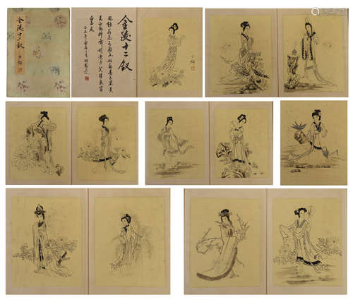 THIRTEEN PAGES CHINESE PAINTING ALBUM OF TWELVE BEAUTYS