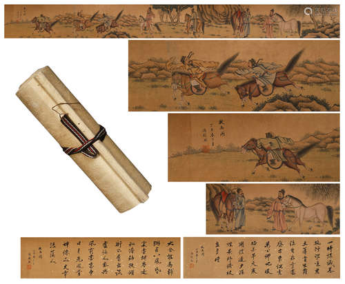 A CHINESE HANDSCROLL PAINTING OF WARRIORS ON HORSE BY FENG CHAORAN