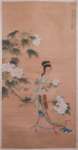 CHINESE SILK HANDSCROLL PAINTING OF BEAUTY & FLOWER