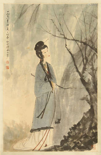 CHINESE HANGING SCROLL OF LADY AND THE WILLOWS BY FU BAOSHI