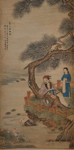 CHINESE HANGING SCROLL OF FIGURE UNDER THE PINE TREE BY JIN TINGBIAO