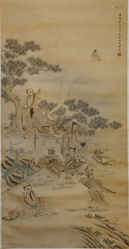 CHINESE SILK HANDSCROLL PAINTING OF SCHOLARS GATHERING