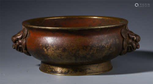 A CHINESE BRONZE DOUBLE BEAST HANDLE CENSER